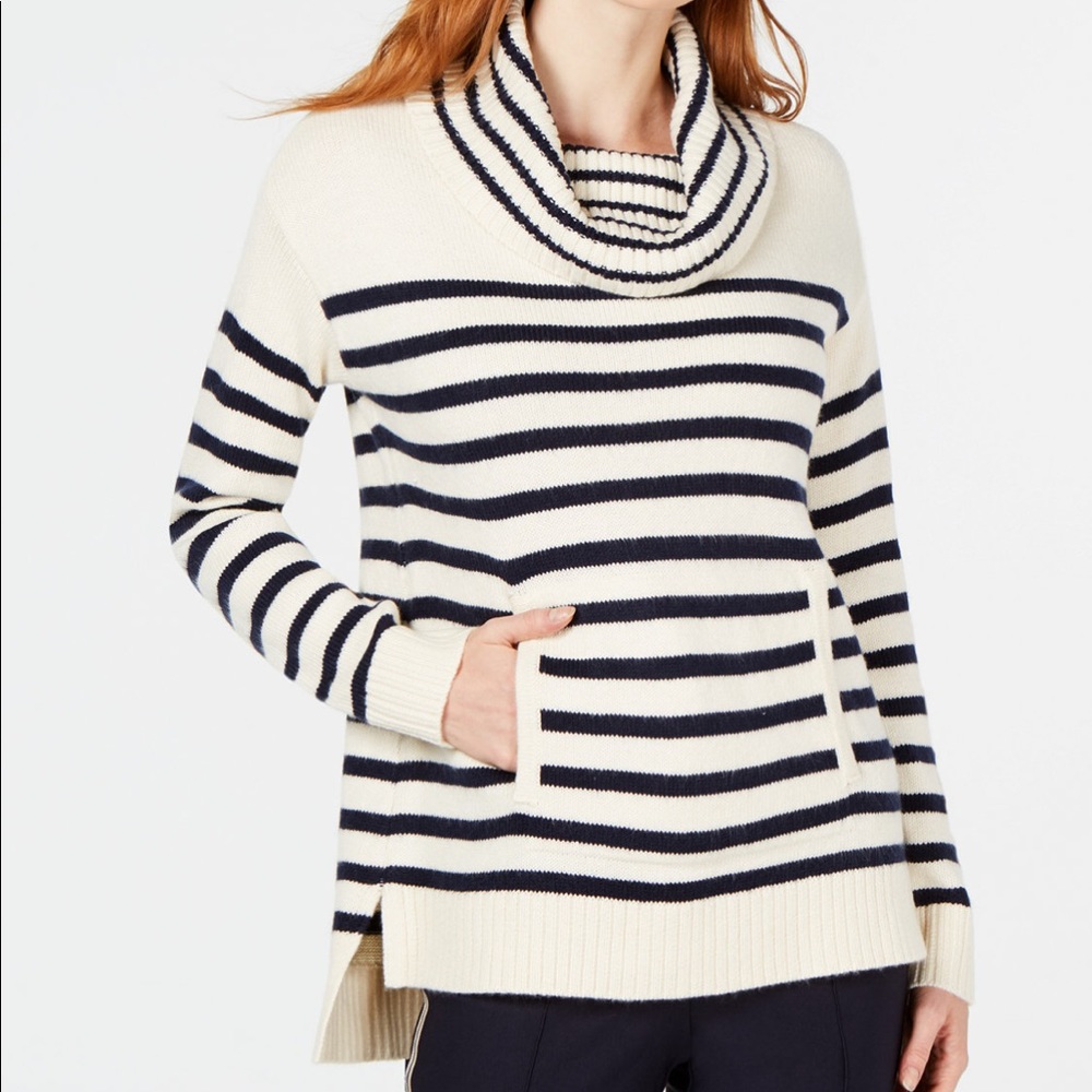 Charter Club Navy/Ivory Stripe Cowl Neck Sweater M
